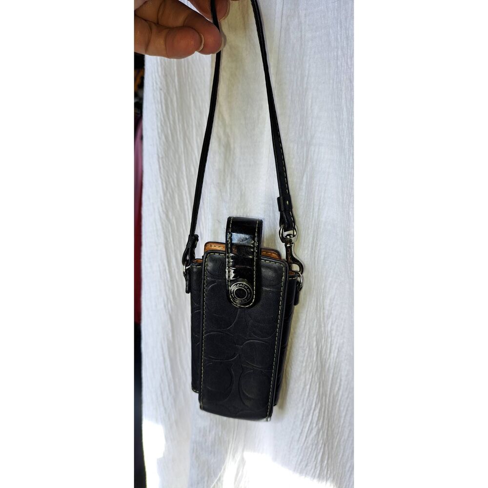 Vintage Y2K Coach Black Signature Embossed Leather Cell Phone Crossbody Bag Mini